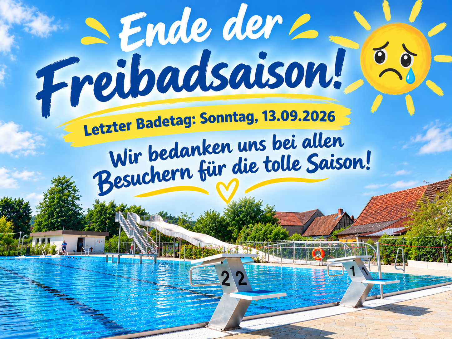 Freibad mit Schwimmbecken und Rutsche bei sonnigem Wetter – Hinweis auf das Ende der Freibadsaison am 13. September 2026