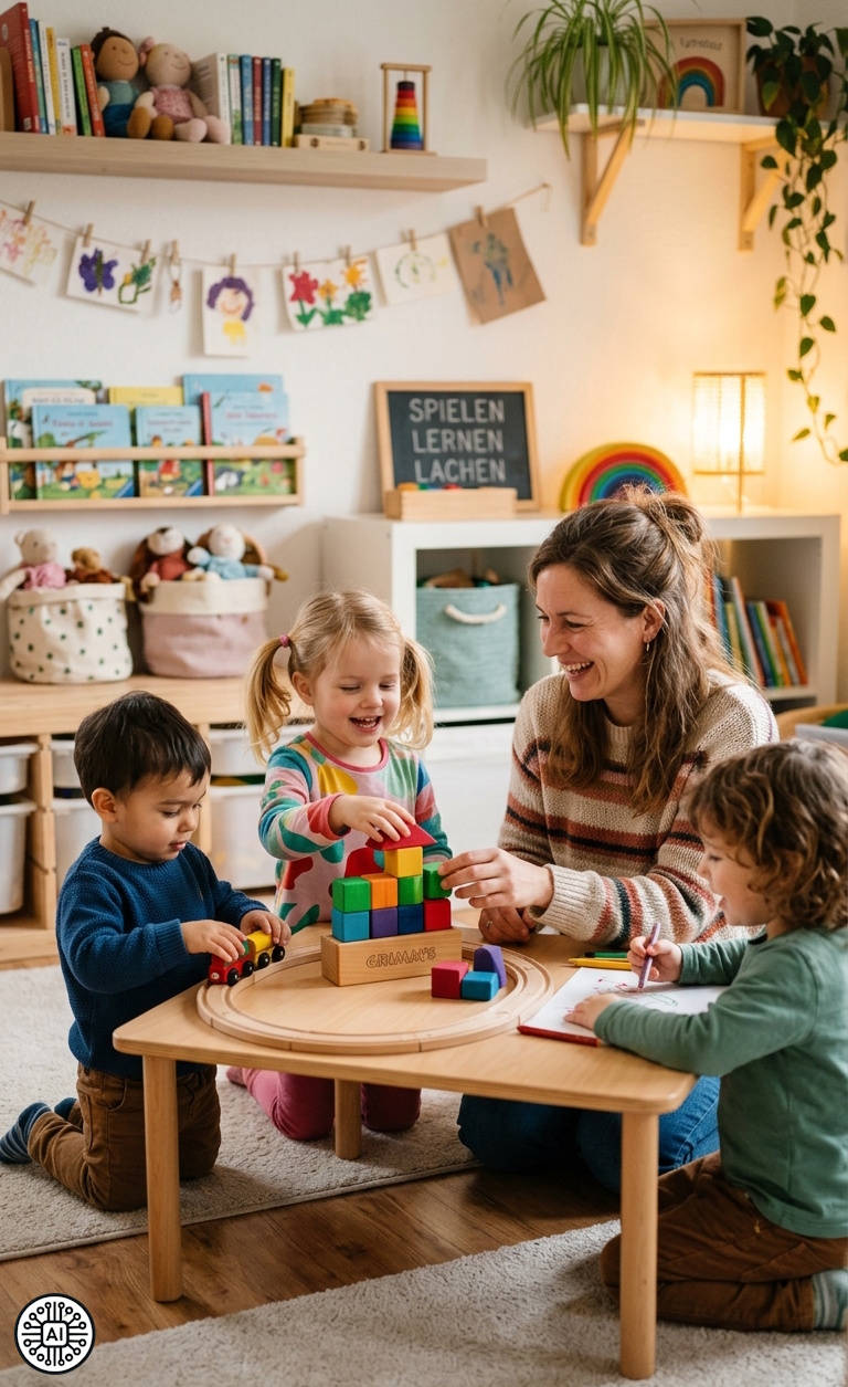 Drei kleine Kinder (Jungen und Mädchen) sitzen mit der Tagesmutter an einem Holztisch in einem Spielzimmer und malen gemeinsam mit Buntstiften und Wachsmalkreiden.