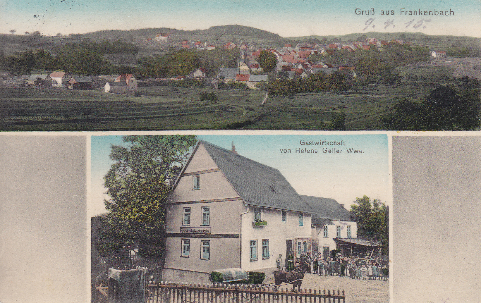 Diese Postkarte aus dem Kreisarchiv, die ca. im Jahr 1915 entstand, zeigt die Gastwirtschaft der Witwe Helene Geller in Frankenbach. (Foto: Landkreis Gießen)