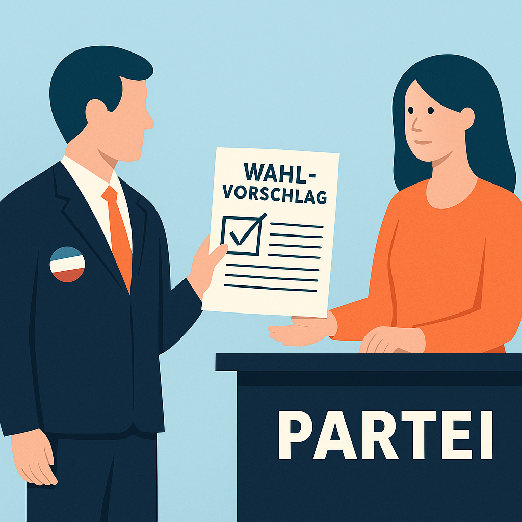 Comic-Bild: Ein Mann gibt bei einer Frau den Wahlvorschlag ab