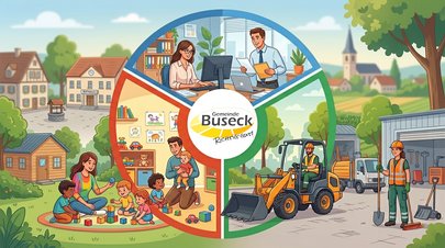 Illustration der verschiendenen Aufgabenbereiche: Verwaltung, Kindertageseinrichtungen, Baubetriebshof
